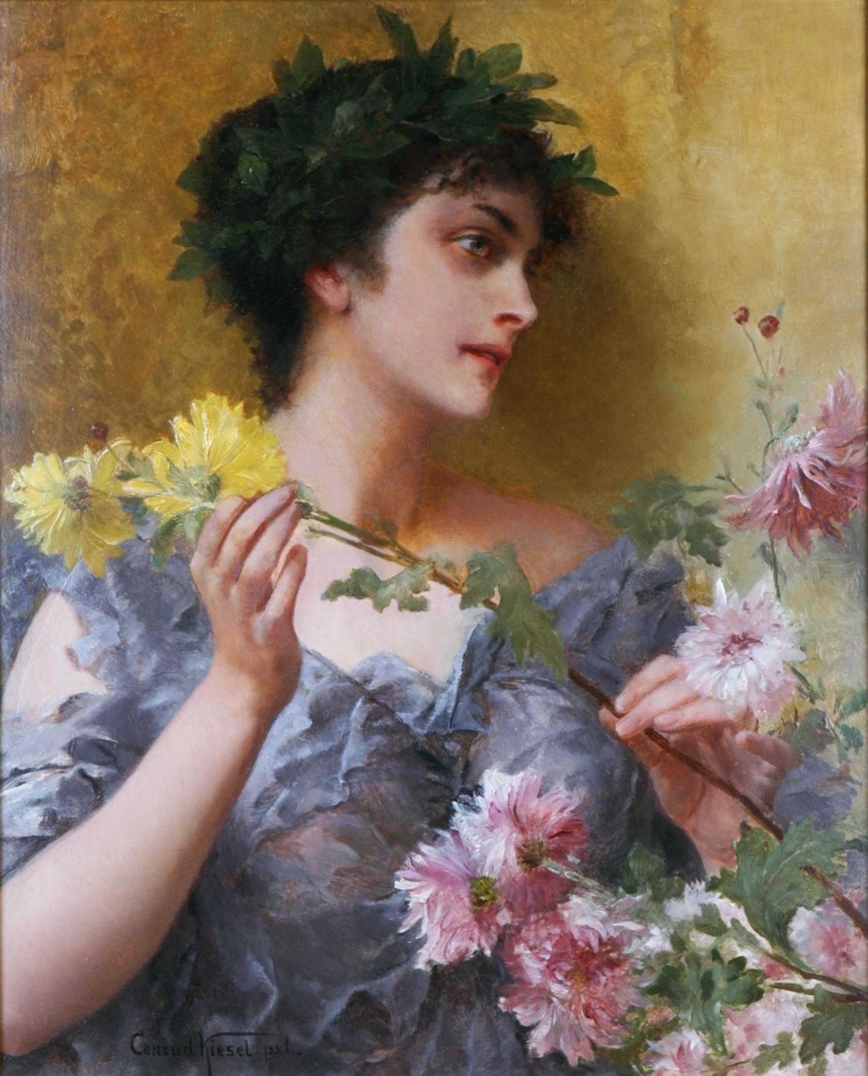 Conrad Kiesel Nude Painting – Das Geschenk von Blumen