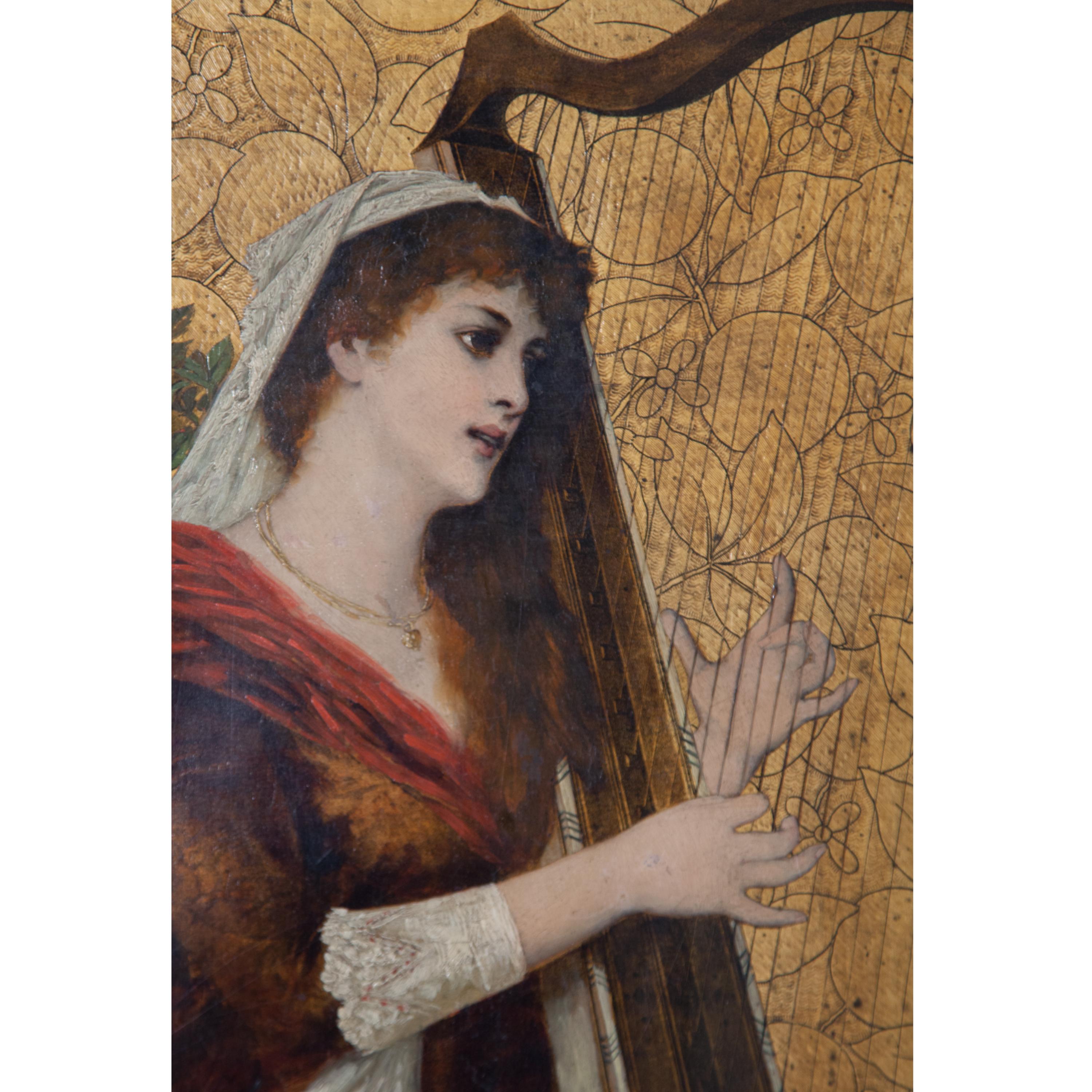 Representation of a young woman playing the harp in a red-brown dress with white lace and a veil around her red curls. Some bay leaves on the left side stand out from the golden embossed background, decorated with leaves and flowers.
Attributed on