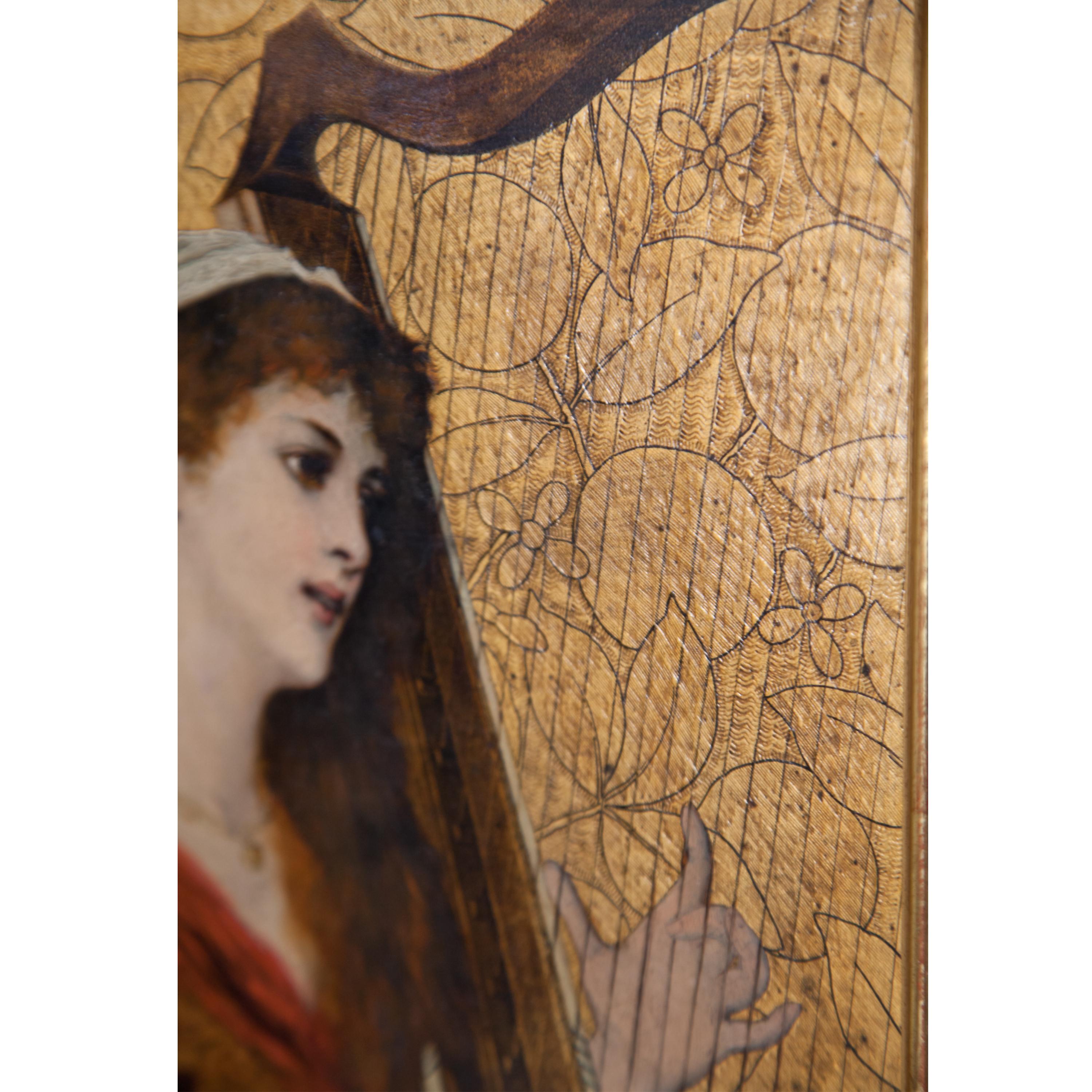 Young Woman playing the Harp, 1885, Conrad Kiesel, Oil on Leather, Figurative 1