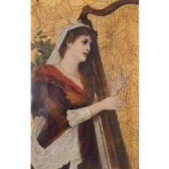 Young Woman playing the Harp, 1885, Conrad Kiesel, Oil on Leather, Figurative