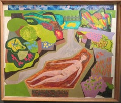 CONRAD LEWIS (1922-2005) Peinture à l'huile originale moderniste colorée NUDE IN PARK