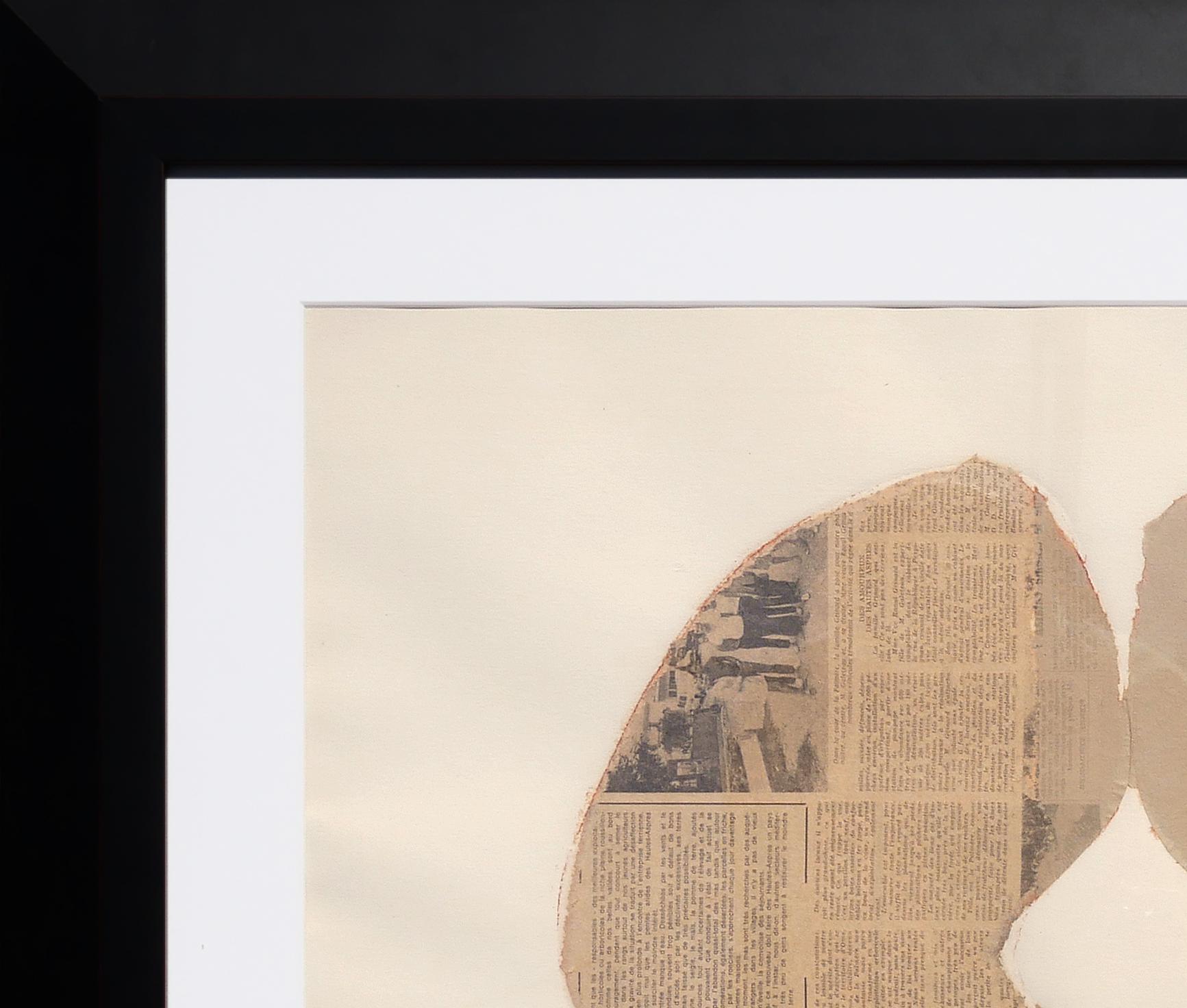 Neutral-toned abstract contemporary collage print on paper by Conrad Marca-Relli. The piece depicts two abstract shapes--the one on the left with a newspaper print. Edition 12 out of 35. Signed, titled, editioned, and dated by the artist at the