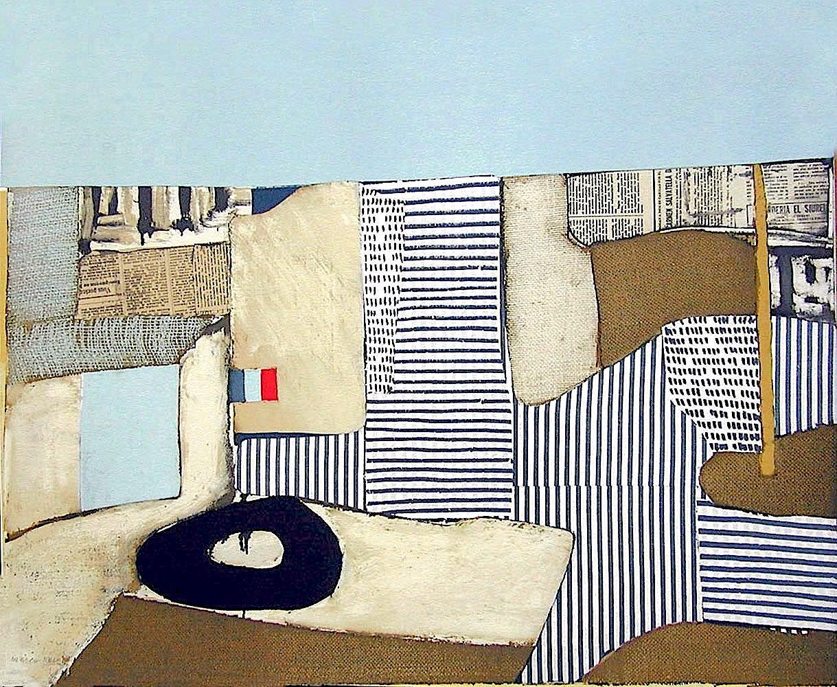 Conrad Marca-Relli Abstract Print - VILLA NEUVE Signed Lithograph, City Landscape Collage, Modernist Abstract, Flag