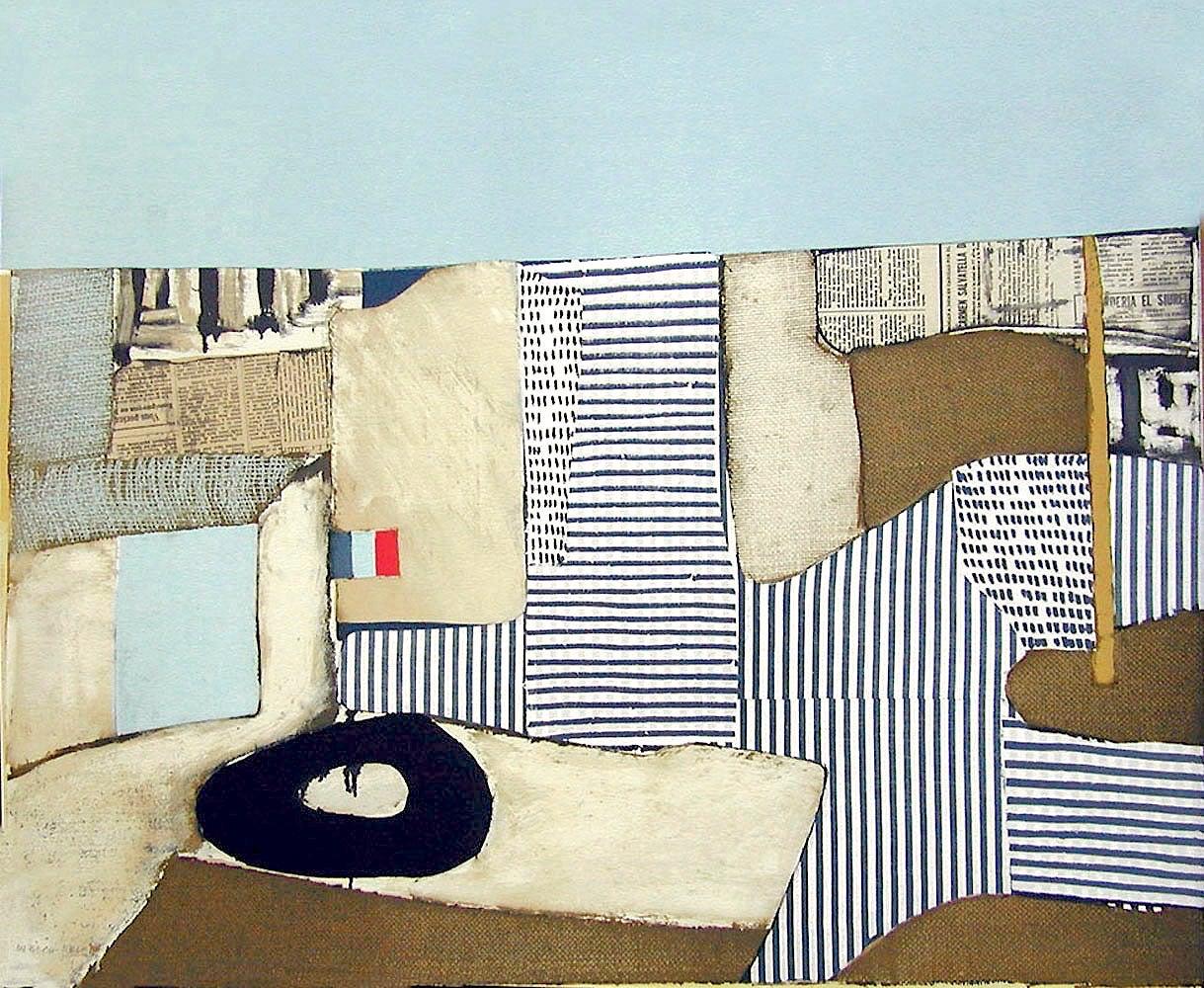 VILLA NEUVE Signed Lithograph, Modernist Abstract, City Landscape, Collage, Flag For Sale 2
