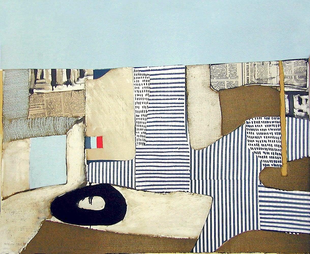 VILLA NEUVE Litografía firmada, Abstracto modernista, Paisaje urbano, Collage, Bandera en venta 1