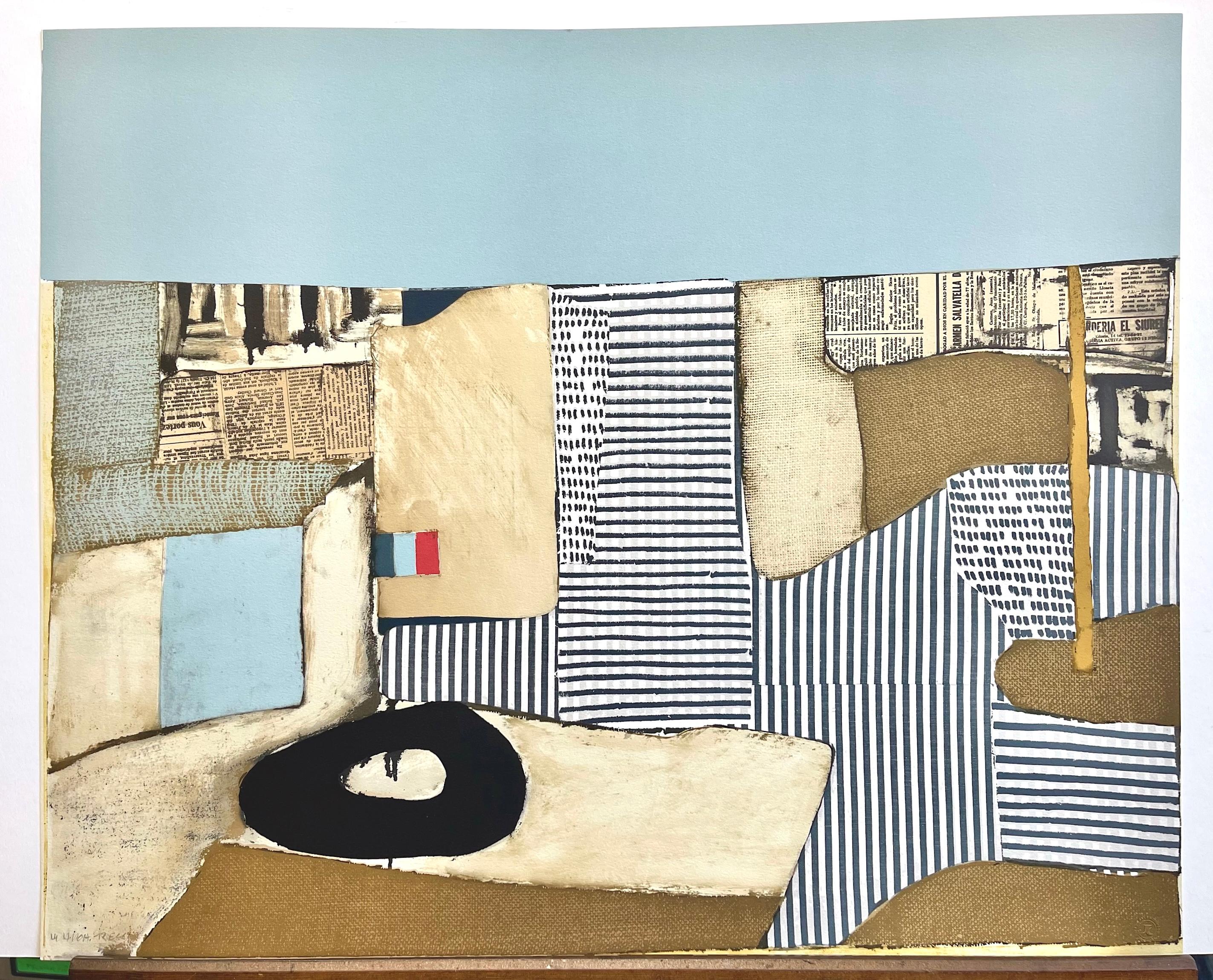 VILLA NEUVE Signed Lithograph, Modernist Abstract, City Landscape, Collage, Flag For Sale 4