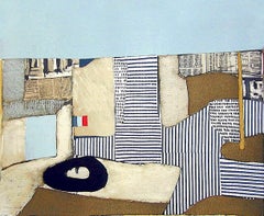 Retro VILLA NEUVE Signed Lithograph, Modernist Abstract, City Landscape, Collage, Flag