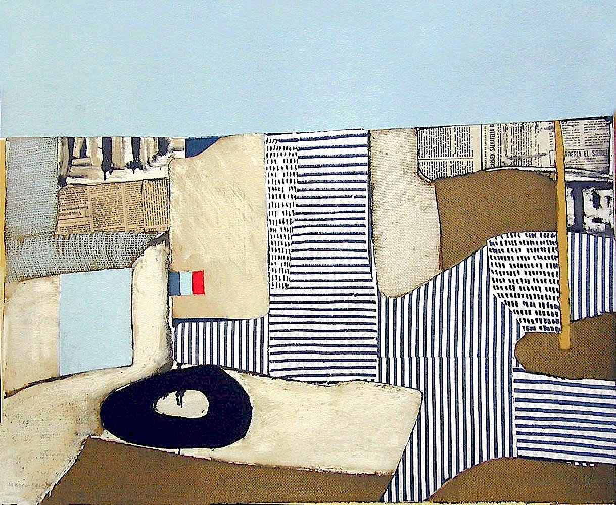 Litografia firmata VILLA NEUVE, astratto modernista, paesaggio urbano, collage, bandiera