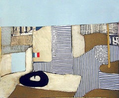 VILLA NEUVE Litografía firmada, Abstracto modernista, Paisaje urbano, Collage, Bandera