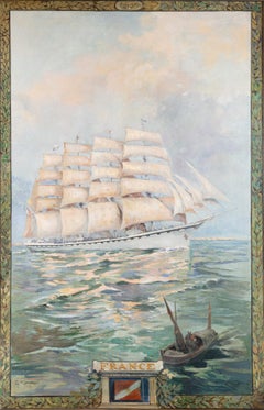 Conrad, Monumental Oil on Canvas, France, Five Mast Sailing Ship, Navy, Sea 1927