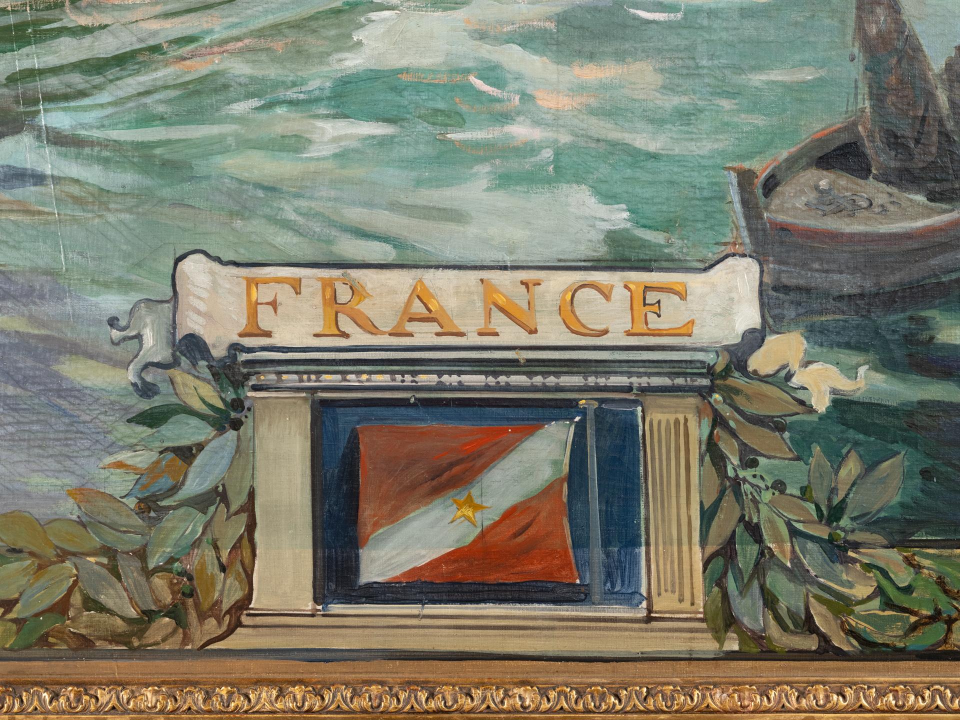 Art Deco Conrad, Monumental Oil on Canvas, France, Five Mast Sailing Ship, Navy, Sea 1927 For Sale
