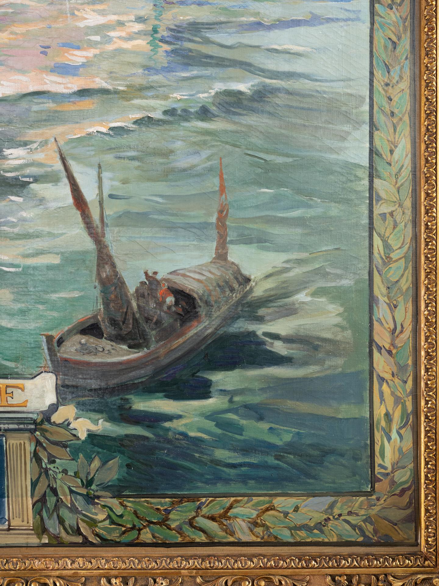 Painted Conrad, Monumental Oil on Canvas, France, Five Mast Sailing Ship, Navy, Sea 1927 For Sale