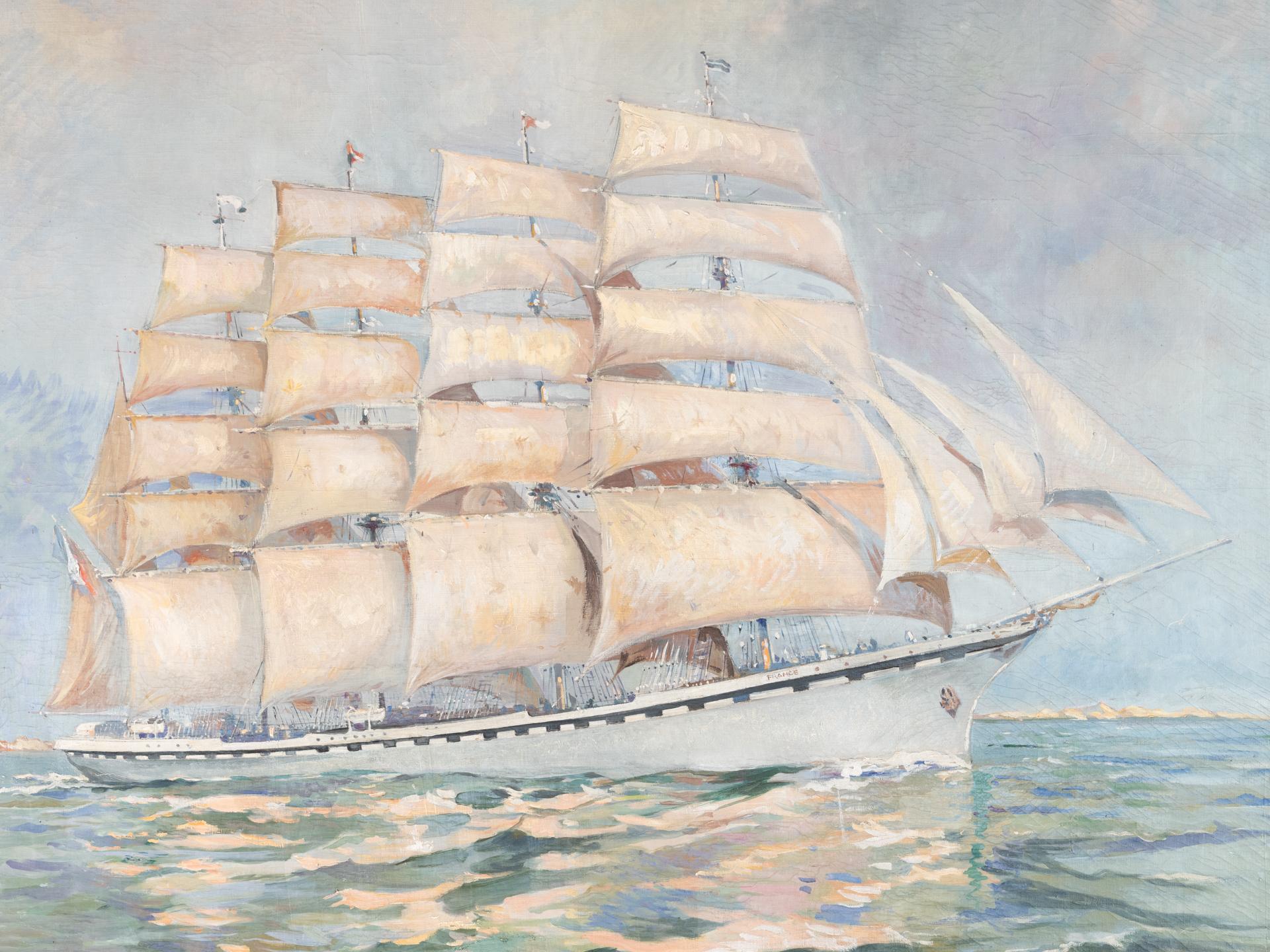 Conrad, Monumental Oil on Canvas, France, Five Mast Sailing Ship, Navy, Sea 1927 In Good Condition For Sale In SAINT-OUEN-SUR-SEINE, FR
