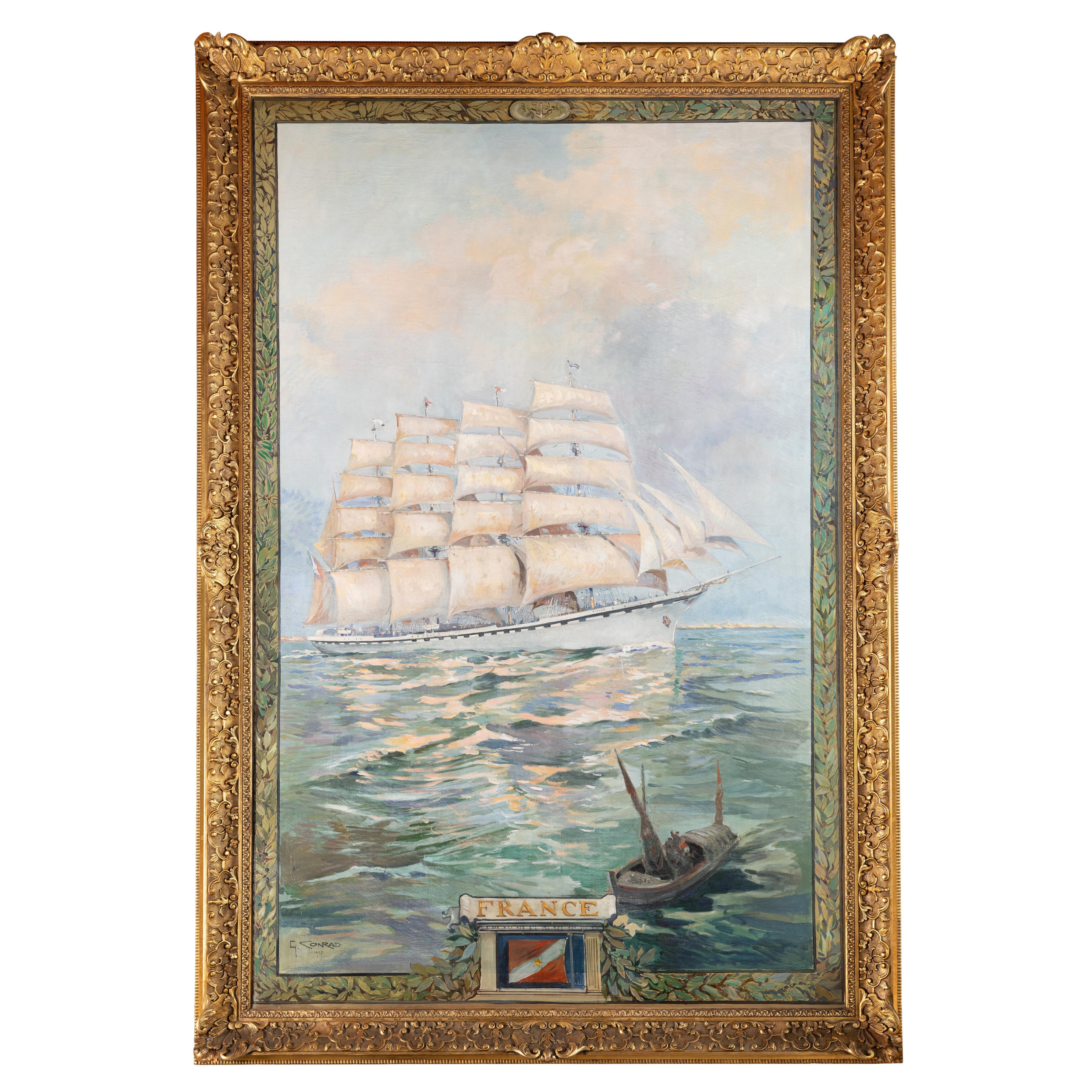 Conrad, Monumental Oil on Canvas, France, Five Mast Sailing Ship, Navy, Sea 1927 For Sale