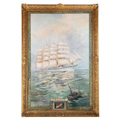 Antique Conrad, Monumental Oil on Canvas, France, Five Mast Sailing Ship, Navy, Sea 1927