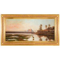 Very Large German Orientalist Oil Painting Nile Pyramids Egypt Sunrise Schreiber