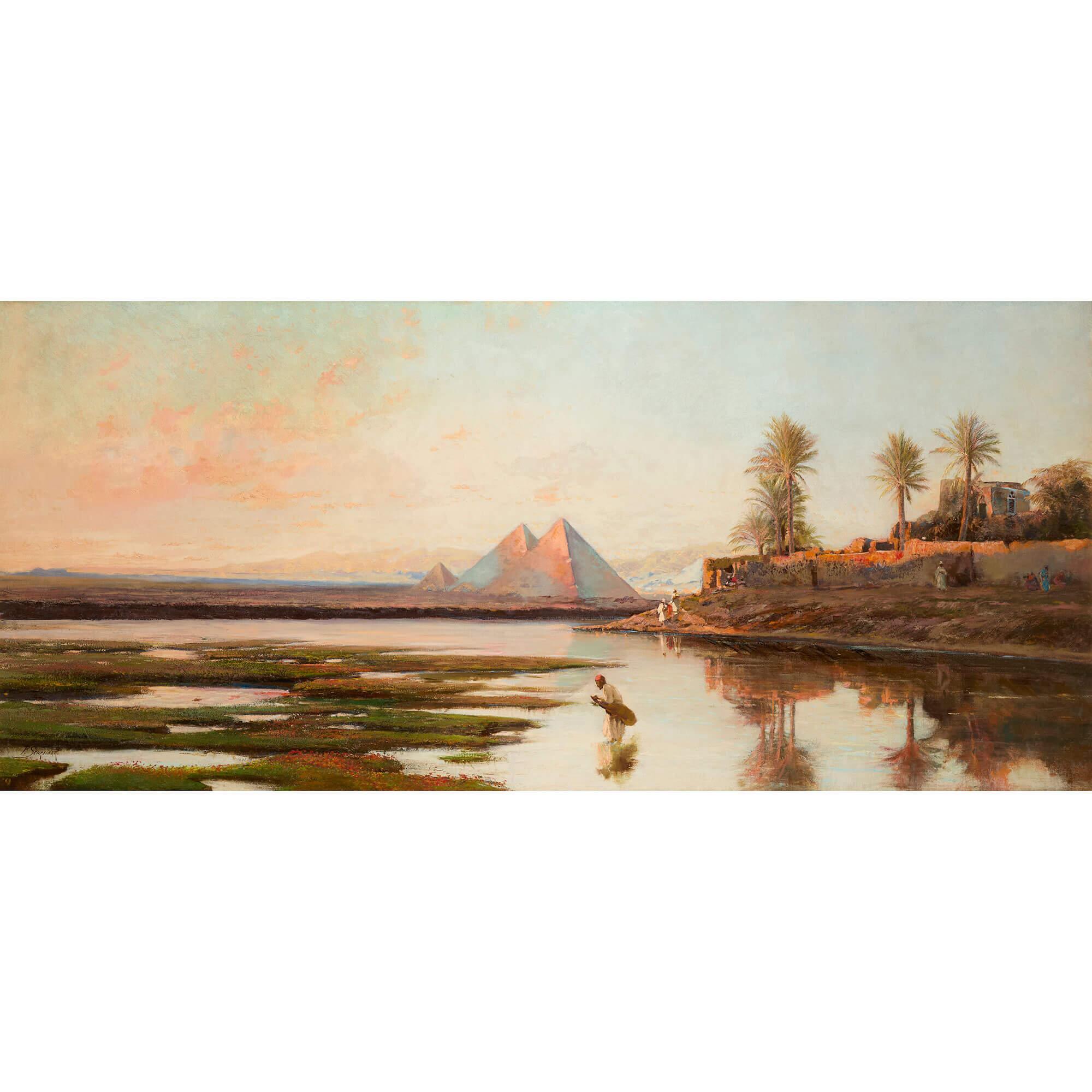 Très grande peinture à l'huile orientaliste allemande Pyramides du Nil Egypte Lever de soleil Schreiber - Marron Landscape Painting par Conrad Peter Schreiber 