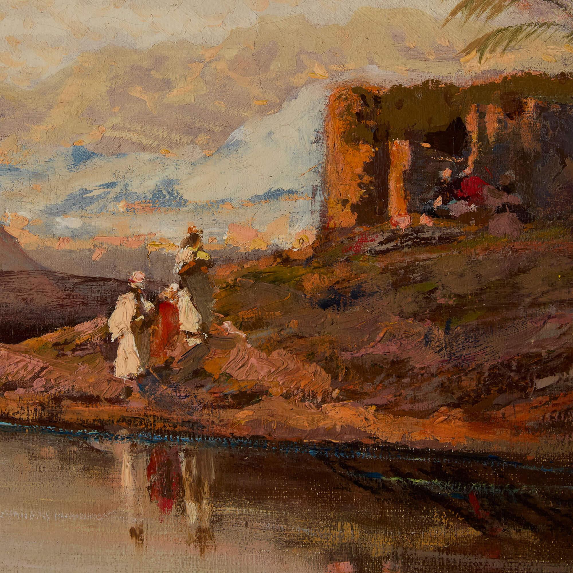 Très grande peinture à l'huile orientaliste allemande Pyramides du Nil Egypte Lever de soleil Schreiber
Allemand, Fin du 19e siècle 
Toile : Hauteur 65 cm, largeur 144 cm
Cadre : Hauteur 90 cm, largeur 168 cm, profondeur 6 cm

Exécutée par Conrad