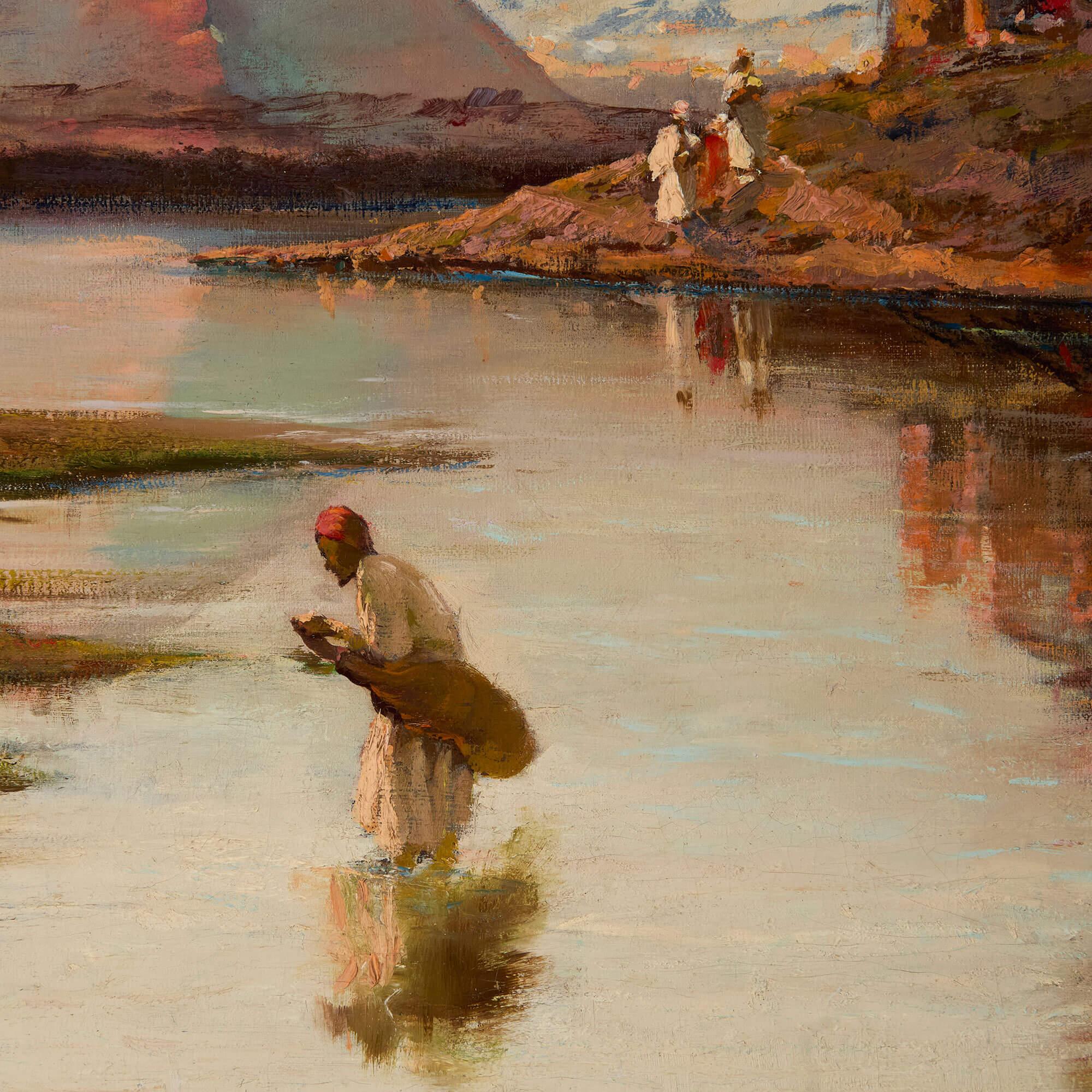 Très grande peinture à l'huile orientaliste allemande Pyramides du Nil Egypte Lever de soleil Schreiber en vente 1