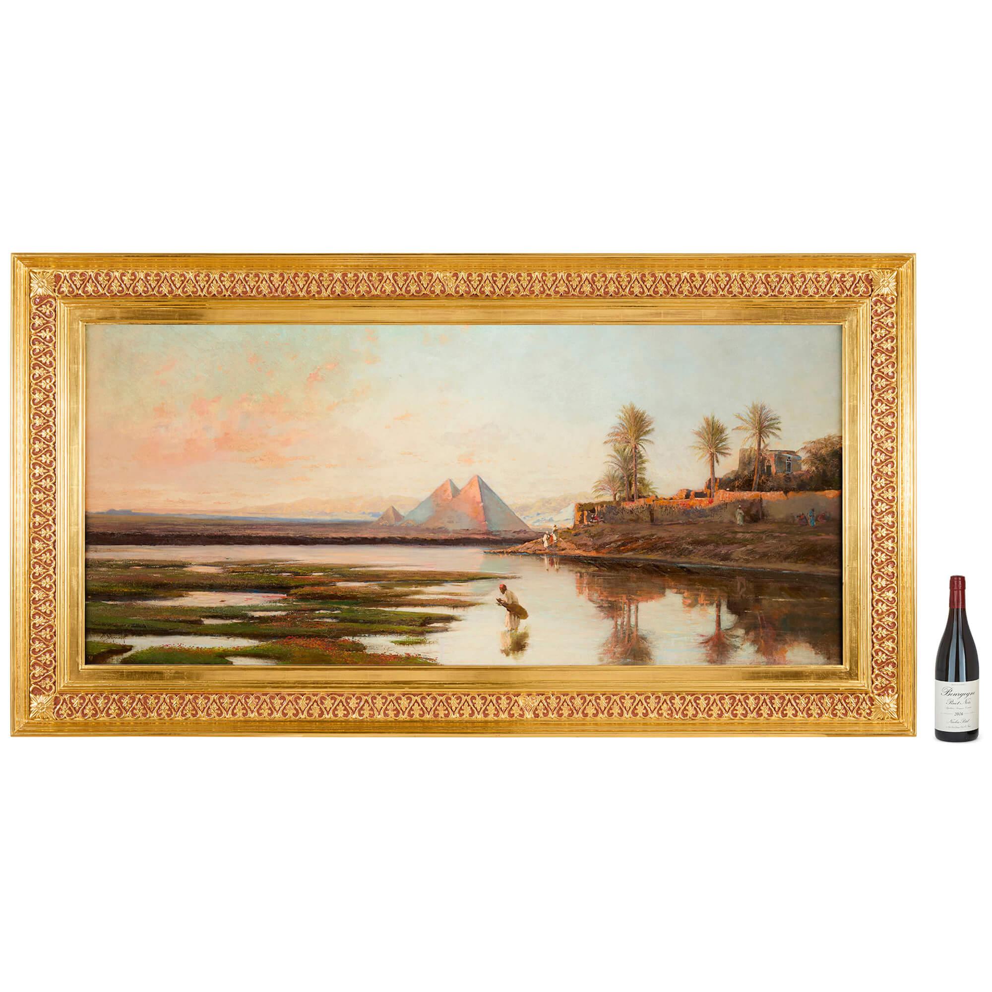 Très grande peinture à l'huile orientaliste allemande Pyramides du Nil Egypte Lever de soleil Schreiber en vente 4
