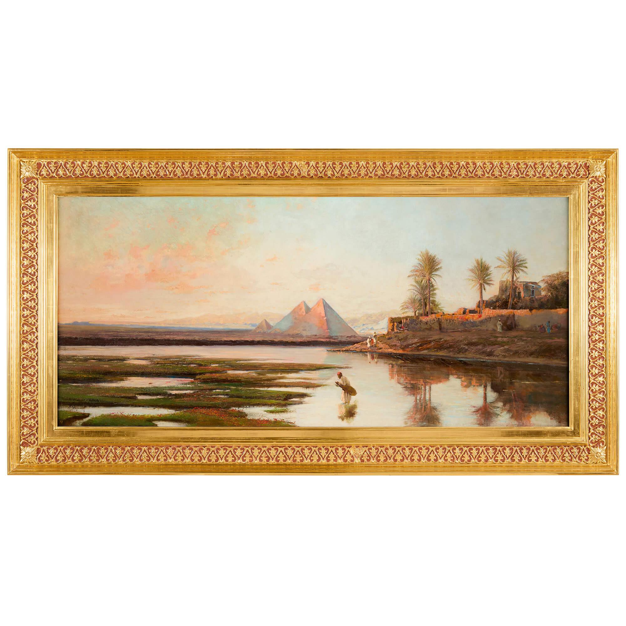 Sehr große deutsche Orientalist Ölgemälde Nil Pyramiden Ägypten Sonnenaufgang Schreiber