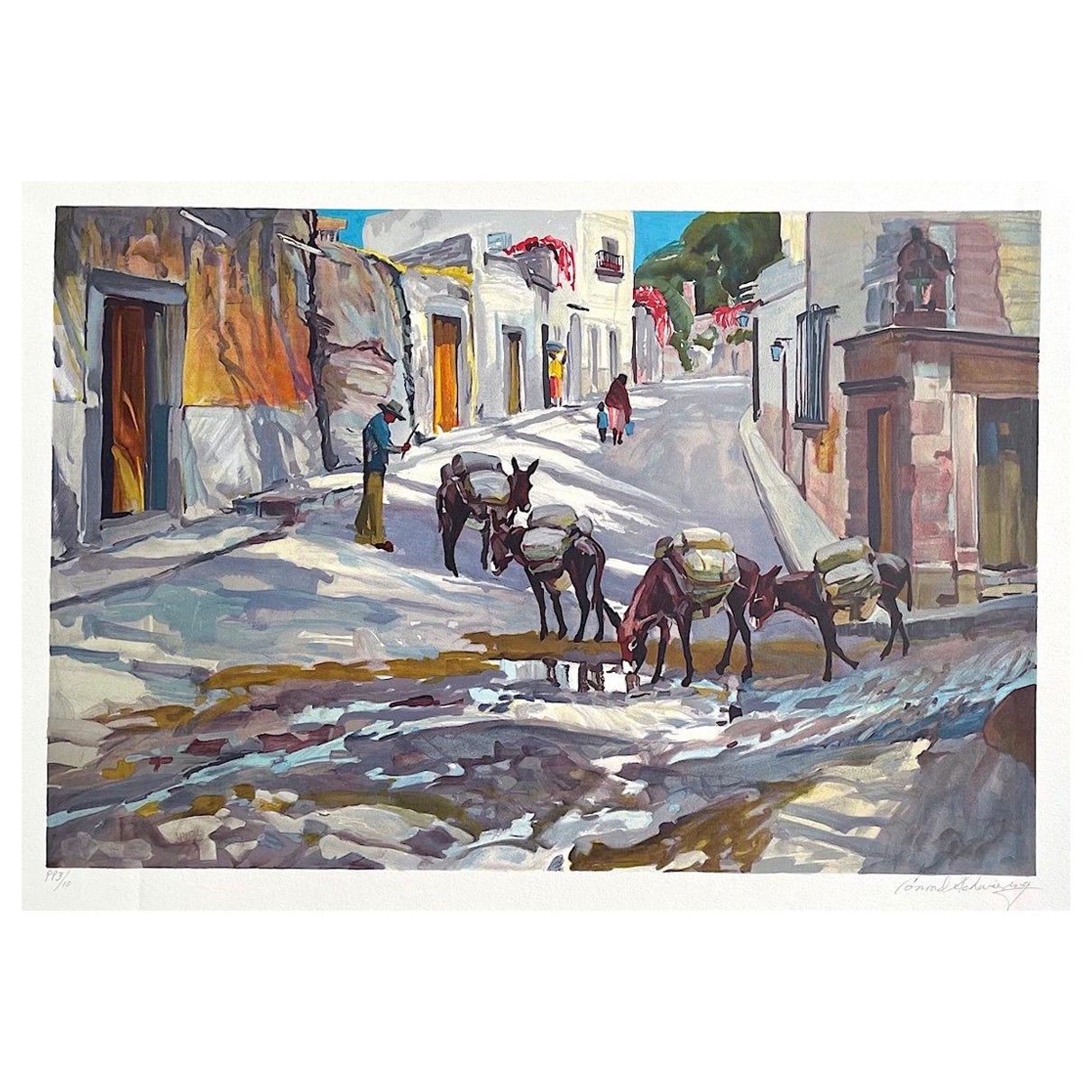 BURRO EXPRESS Litografía firmada, Escena callejera de pueblo, Burros, Arte del Suroeste - Print de Conrad Schwiering