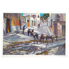 BURRO EXPRESS Signed Lithograph, Village Street Scene, Donkeys, Southwest Art
