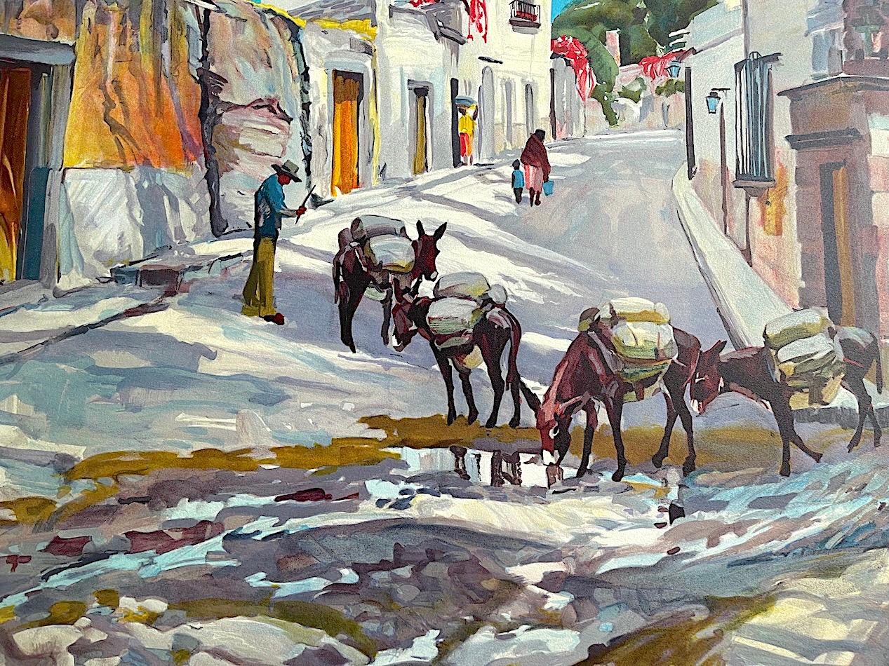 BURRO EXPRESS Signed Lithograph Street Scene Villagers, Donkeys, Southwest Art - American Realist Print by Conrad Schwiering