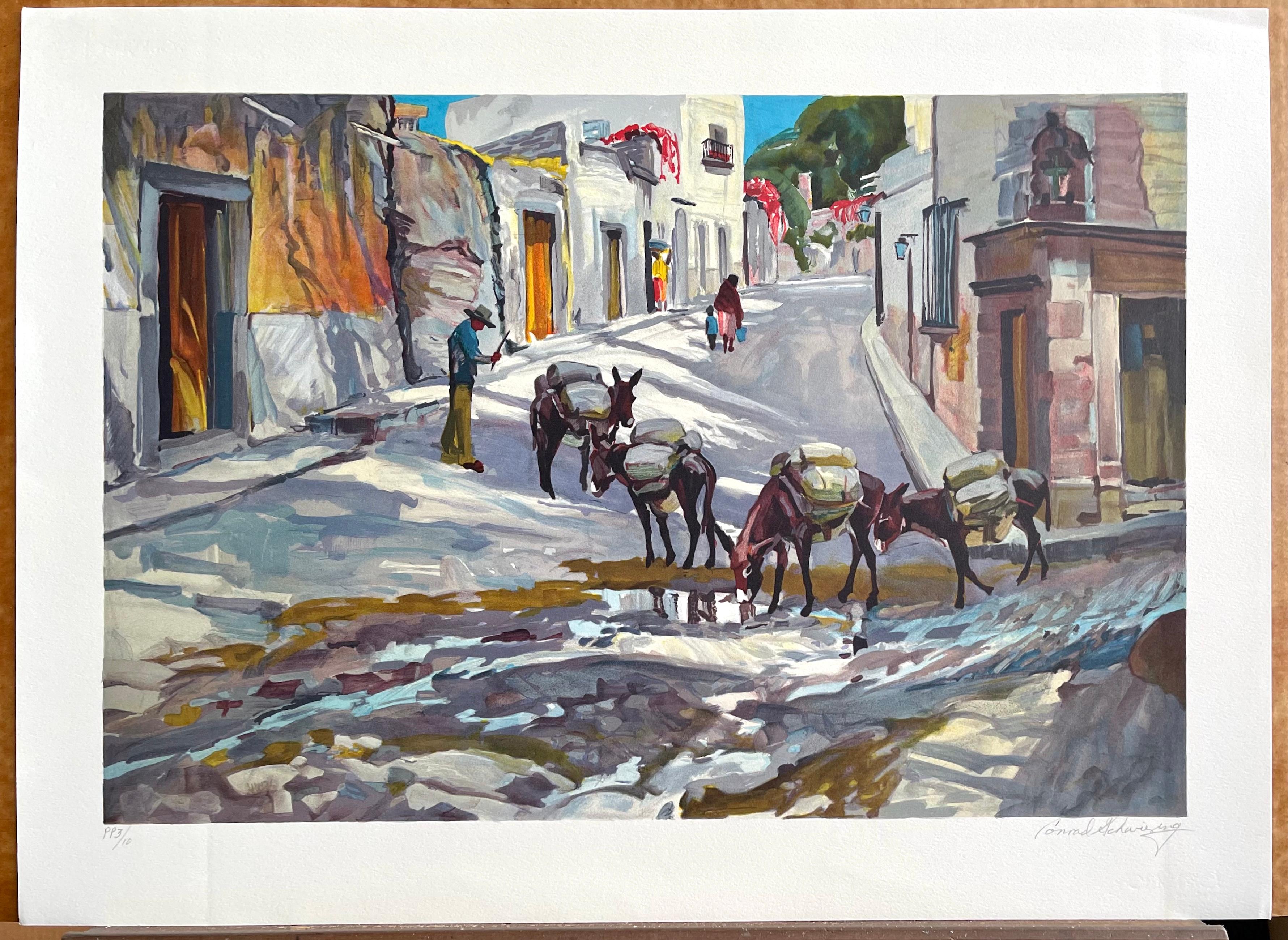 Lithographie signée BURRO EXPRESS, Scène de rue de Village,keys, Southwest Art en vente 4