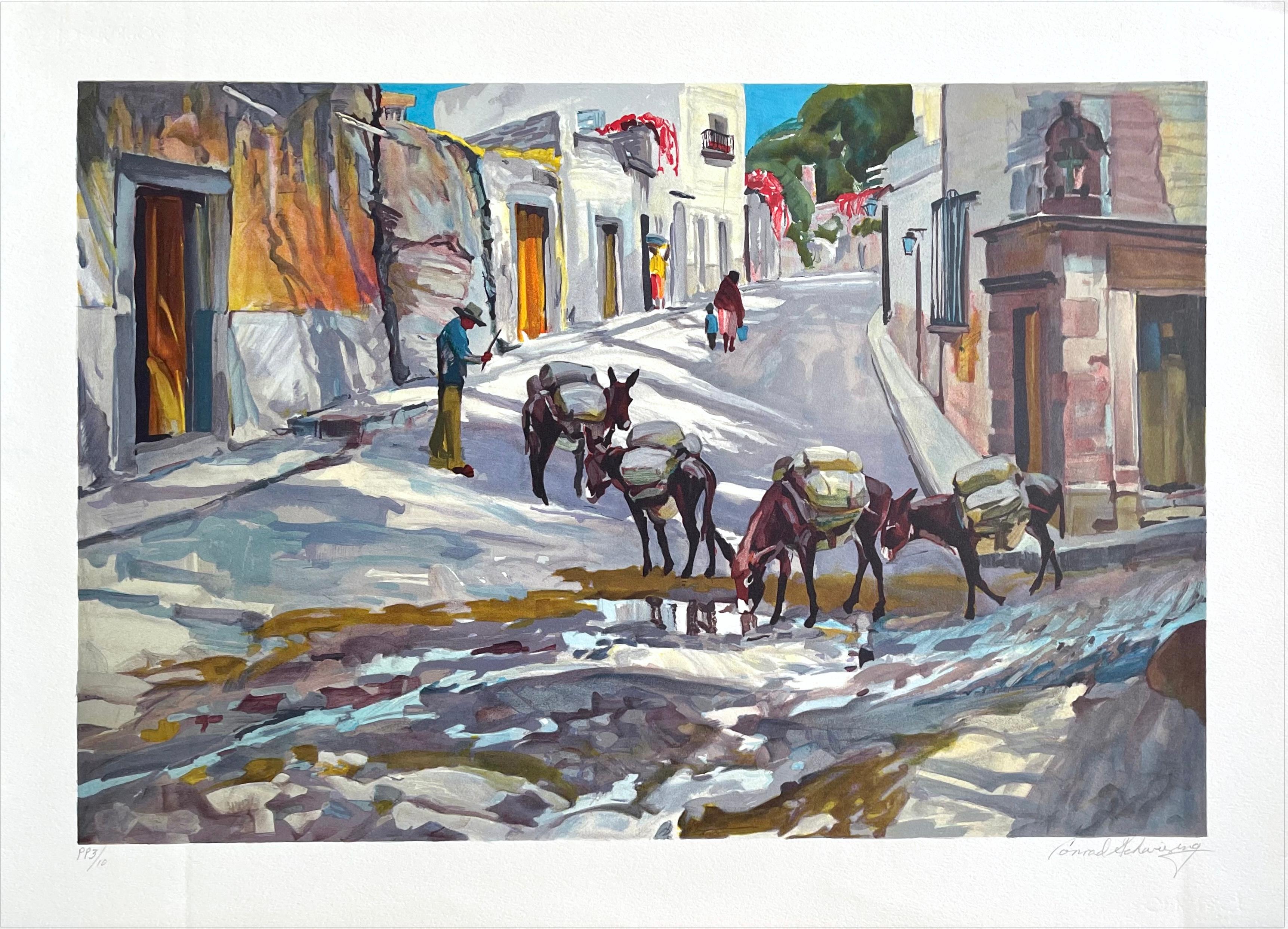 Lithographie signée BURRO EXPRESS, Scène de rue de Village,keys, Southwest Art