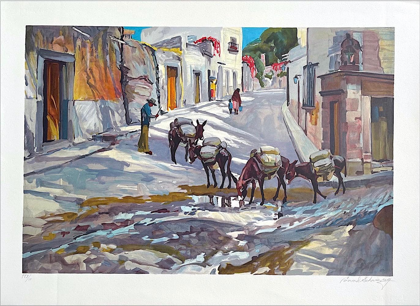 BURRO EXPRESS Litografía firmada, Escena callejera de pueblo, Burros, Arte del Suroeste