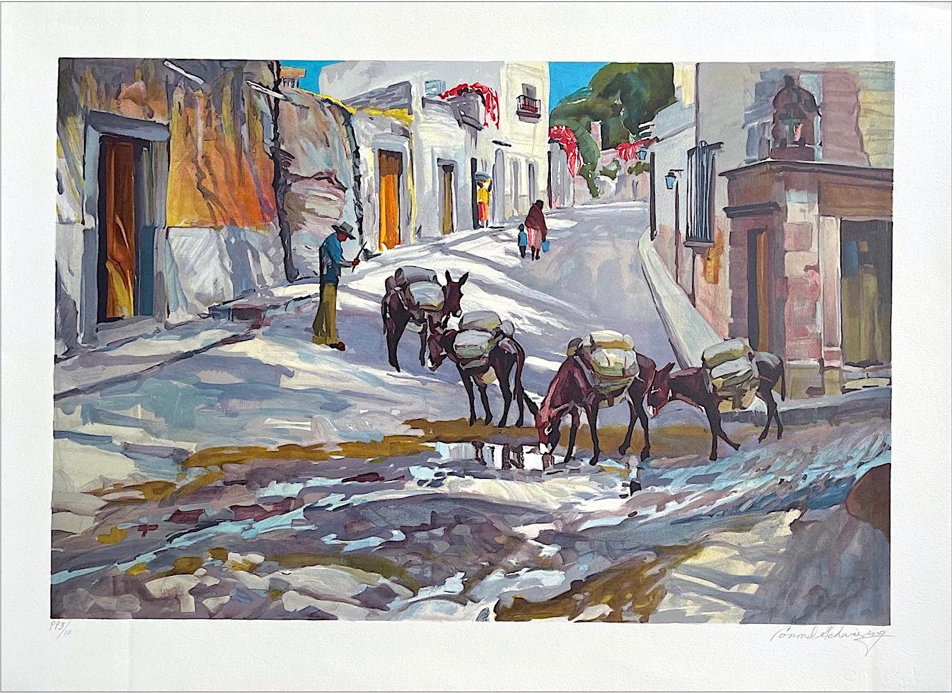 Conrad Schwiering Animal Print - BURRO EXPRESS Signed Lithograph Street Scene Villagers, Donkeys, Southwest Art