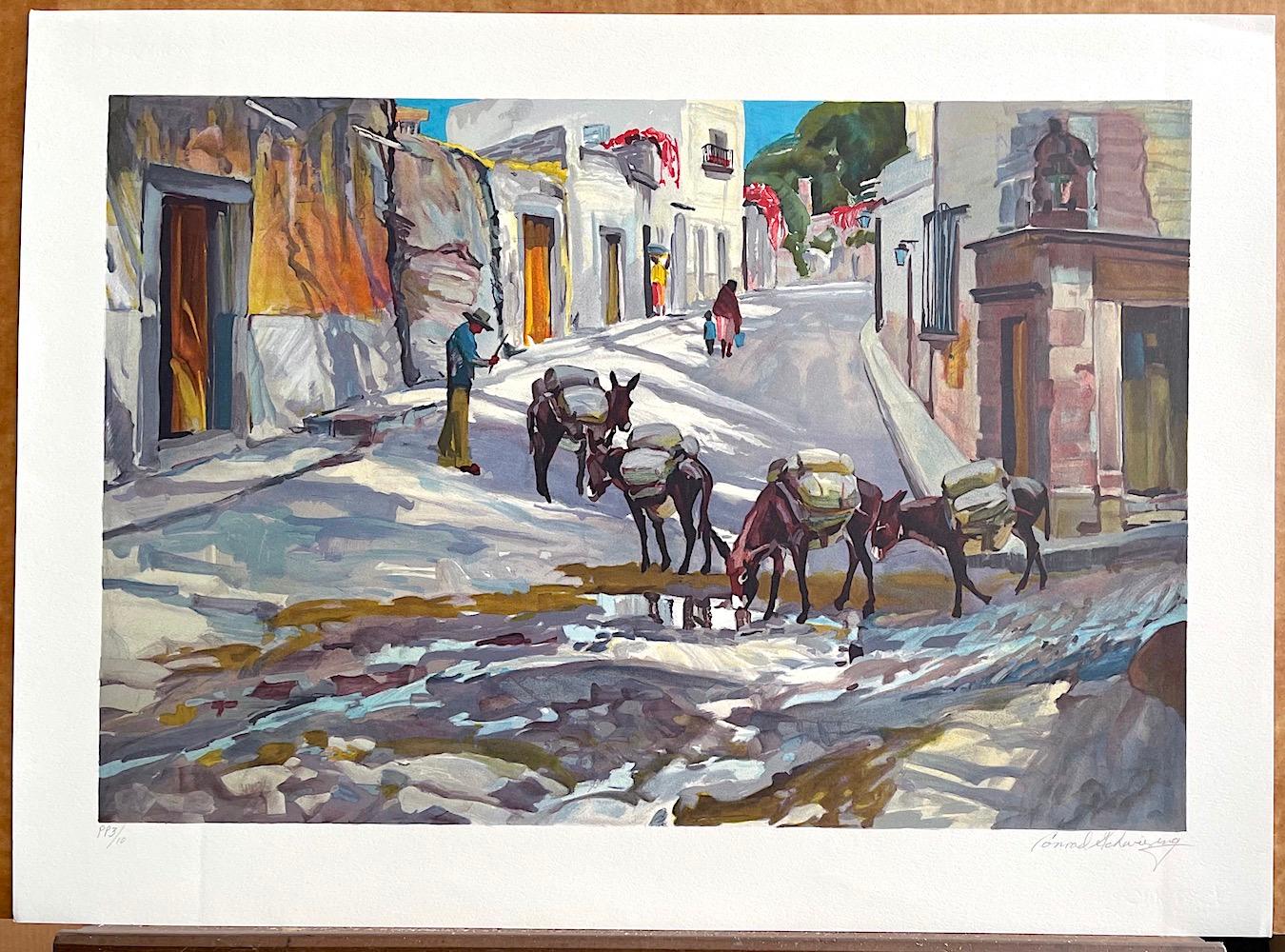 BURRO EXPRESS Signed Lithograph Street Scene Villagers, Donkeys, Southwest Art - American Realist Print by Conrad Schwiering