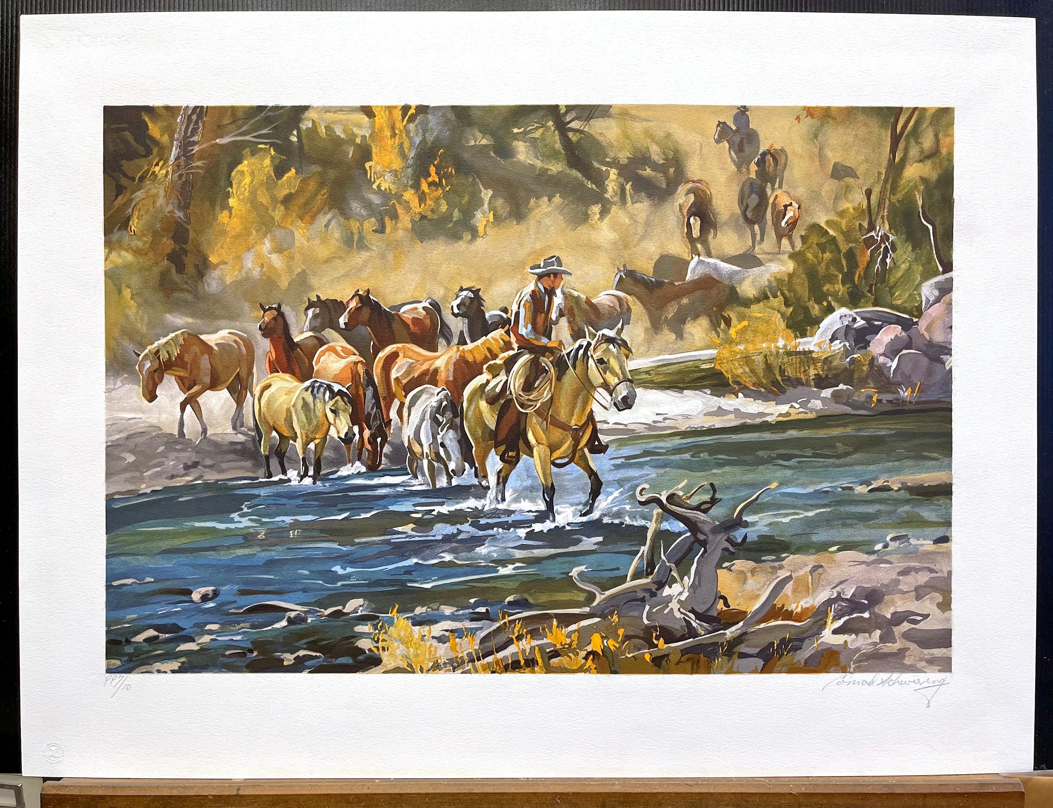 EASIN' EM HOME Signed Lithograph Western Landscape Cowboy Crossing River, Horses For Sale 3