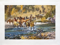 EASIN' EM HOME Signed Lithograph Western Landscape Cowboy Crossing River, Horses