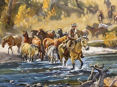 EASIN' EM HOME Signed Lithograph Western Landscape Cowboy Crossing River, Horses