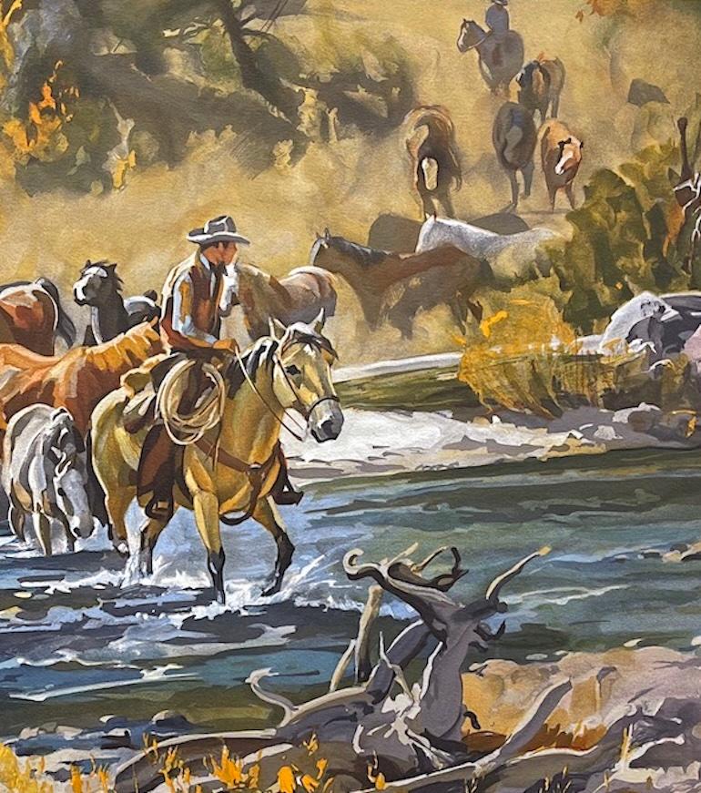 EASIN' EM HOME Litografia firmata, Scena western, Cowboy che attraversa il fiume, Cavalli - Print Realismo americano di Conrad Schwiering