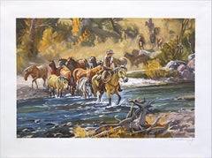EASIN' EM HOME Signed Lithograph, Western Scene, Cowboy Crossing River w Horses 