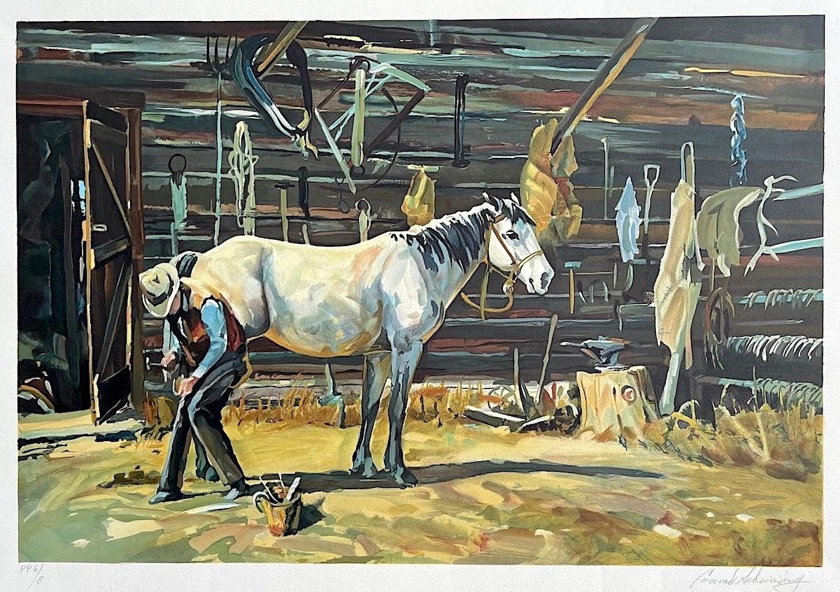 SHOE SHOP Litografía firmada, Herrador vaquero, Herradura, Caballo blanco, Arte del Oeste - Print de Conrad Schwiering