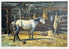 SHOE SHOP Signed Lithograph, Cowboy Farrier, Horseshoe, White Horse, Western Art