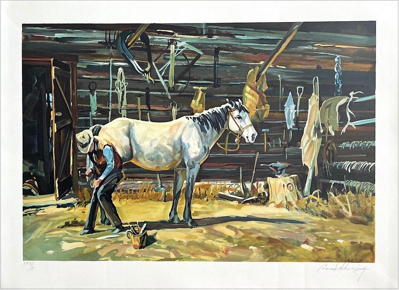 SHOE SHOP Signed Lithograph, Cowboy Farrier, Horseshoe, White Horse, Western Art - Print by Conrad Schwiering