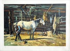 SHOE SHOP Signed Lithograph, Cowboy Farrier, Horseshoe, White Horse, Western Art
