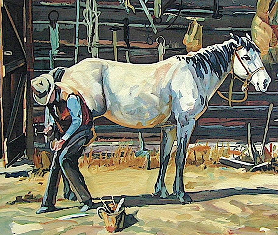 SHOE SHOP Signierte Lithographie, Cowboy Farrier, Hufeisen, Weißes Pferd, Western Art (Amerikanischer Realismus), Print, von Conrad Schwiering
