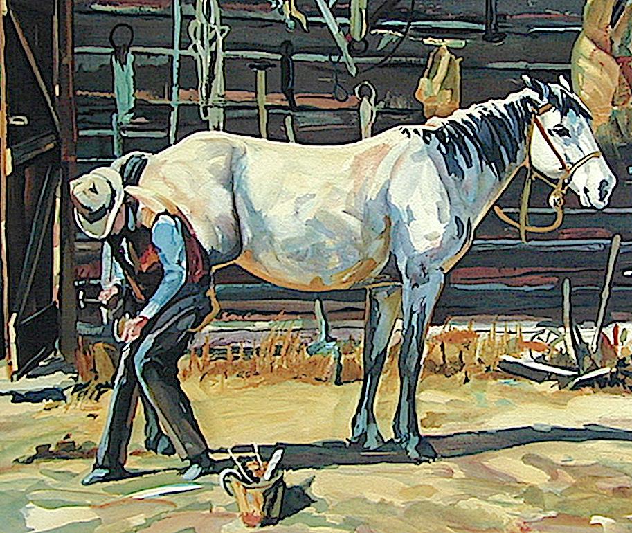 SHOE SHOP Litografía firmada, Herrador vaquero, Herradura, Caballo blanco, Arte del Oeste - Print realista estadounidense de Conrad Schwiering