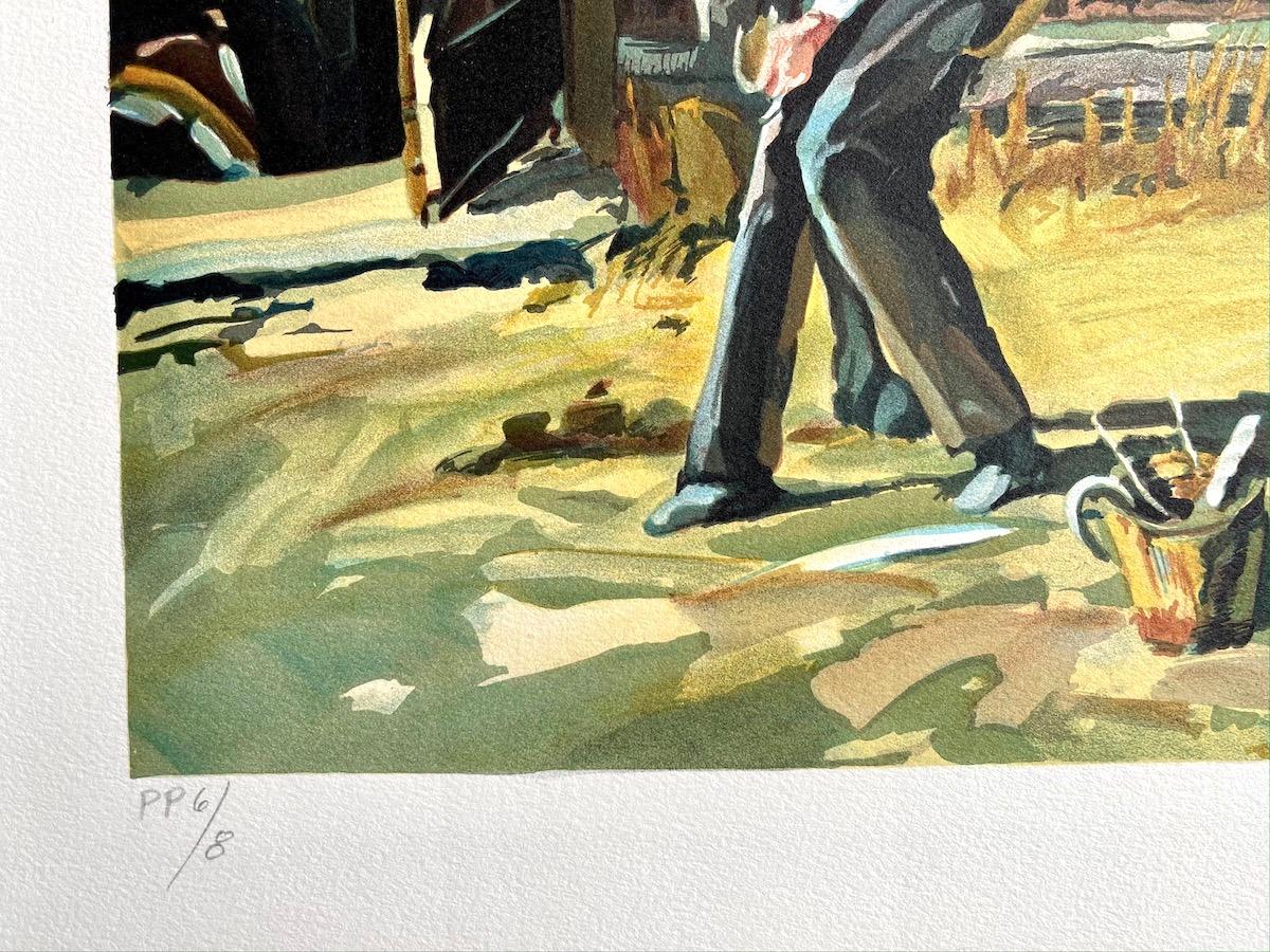 SHOE SHOP, del artista estadounidense del Oeste Conrad Schwiering, es una litografía dibujada a mano de edición limitada (no una reproducción fotográfica ni una impresión digital) impresa mediante técnicas de litografía a mano en papel Somerset de