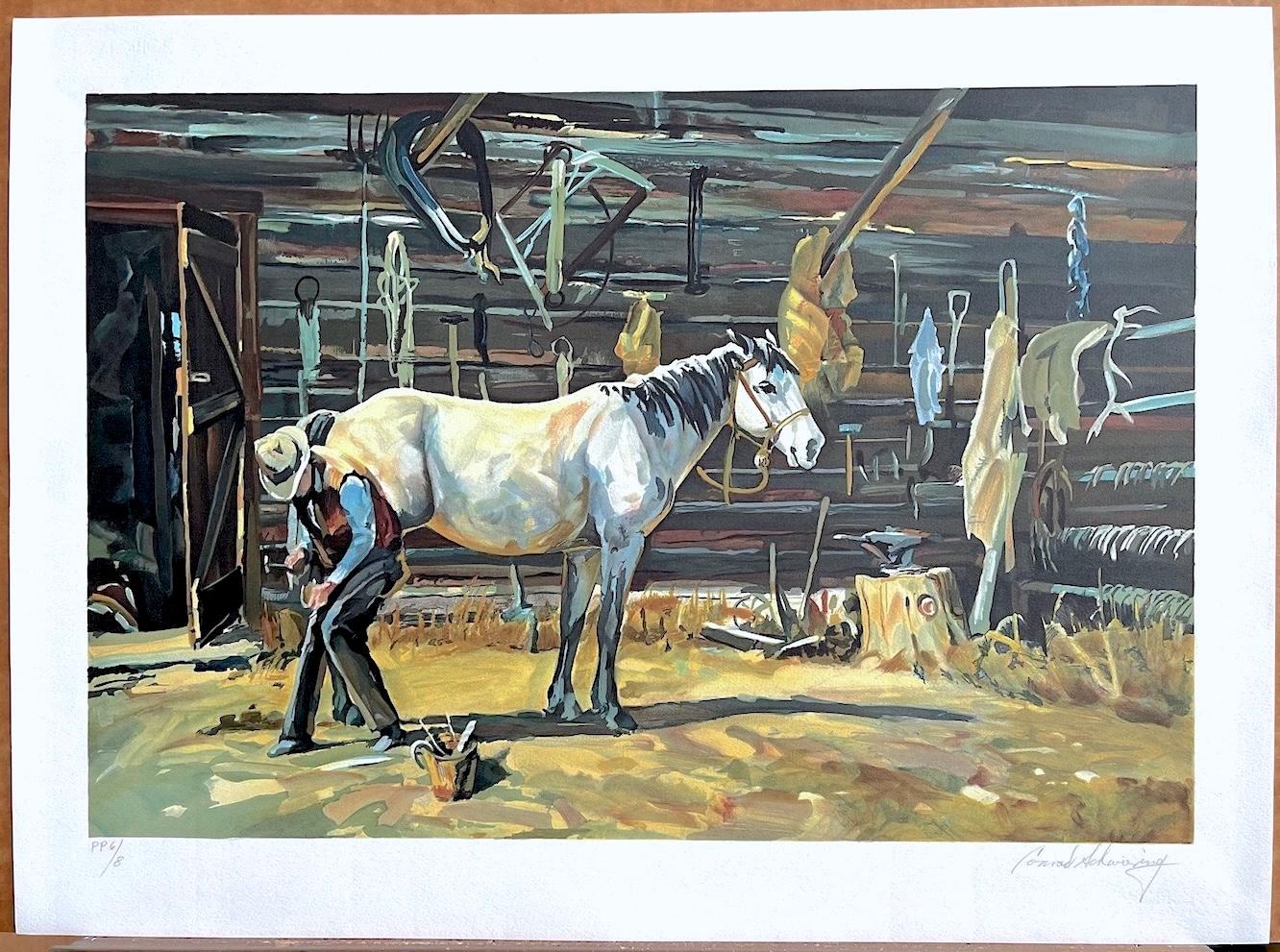 SHOE SHOP Signed Lithograph, Cowboy Farrier, Horseshoe, White Horse, Western Art - Gray Animal Print by Conrad Schwiering