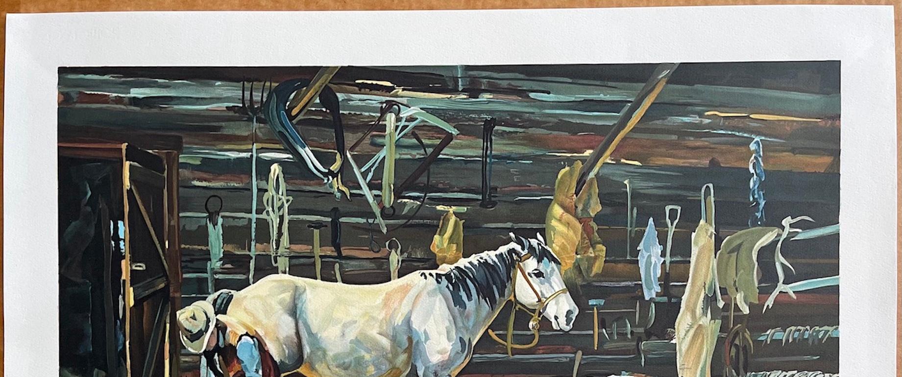 SHOE SHOP Litografía firmada, Herrador vaquero, Herradura, Caballo blanco, Arte del Oeste en venta 1