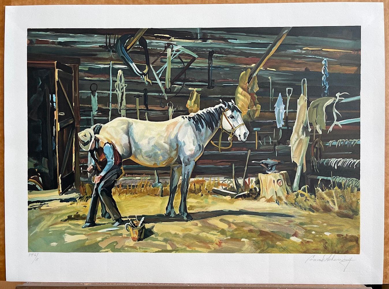 SHOE SHOP Signed Lithograph, Cowboy Farrier, Horseshoe, White Horse, Western Art - American Realist Print by Conrad Schwiering