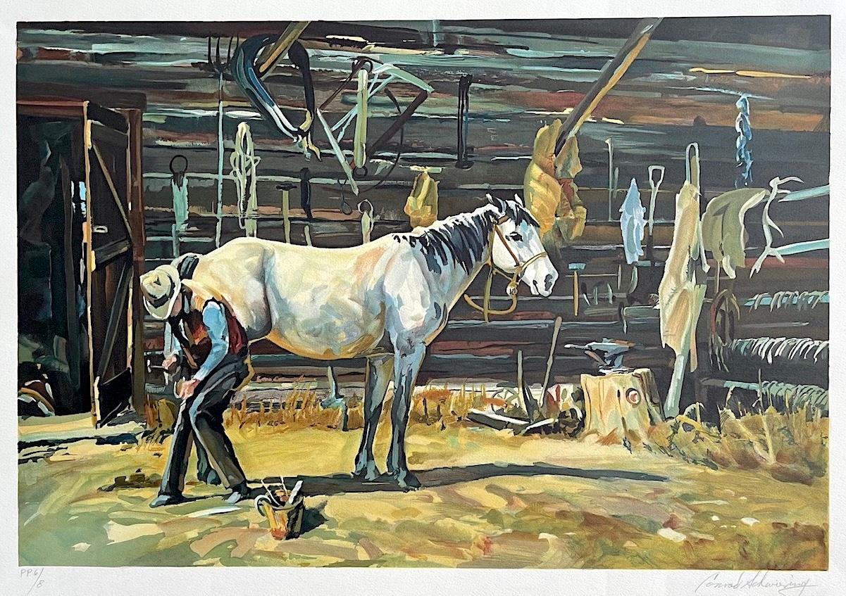 SHOE SHOP Signierte Lithographie, Cowboy Farrier, Hufeisen, Weißes Pferd, Western Art – Print von Conrad Schwiering