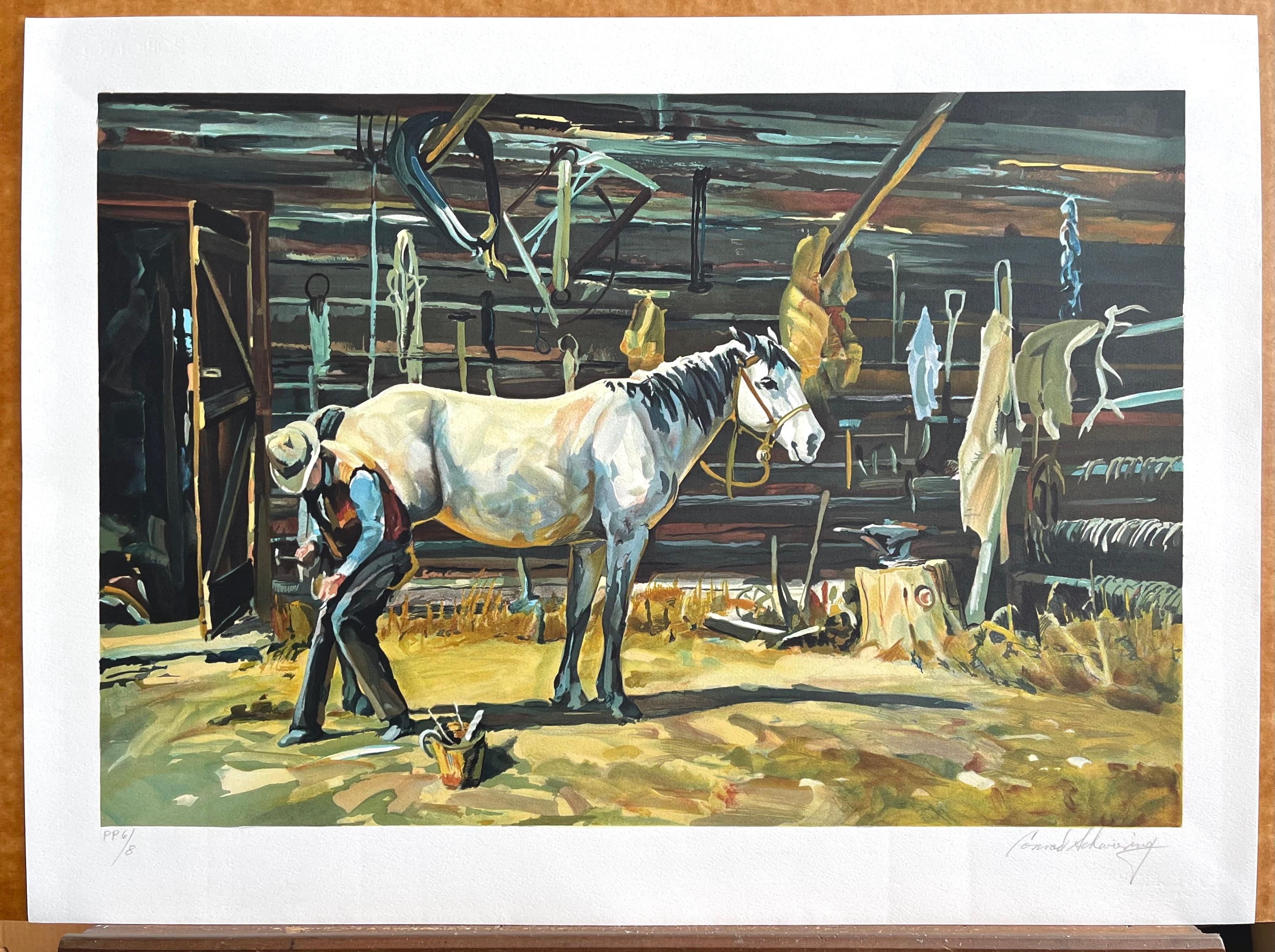 SHOE SHOP signé, cowboy Farrier, fer à cheval, cheval blanc, art occidental en vente 3
